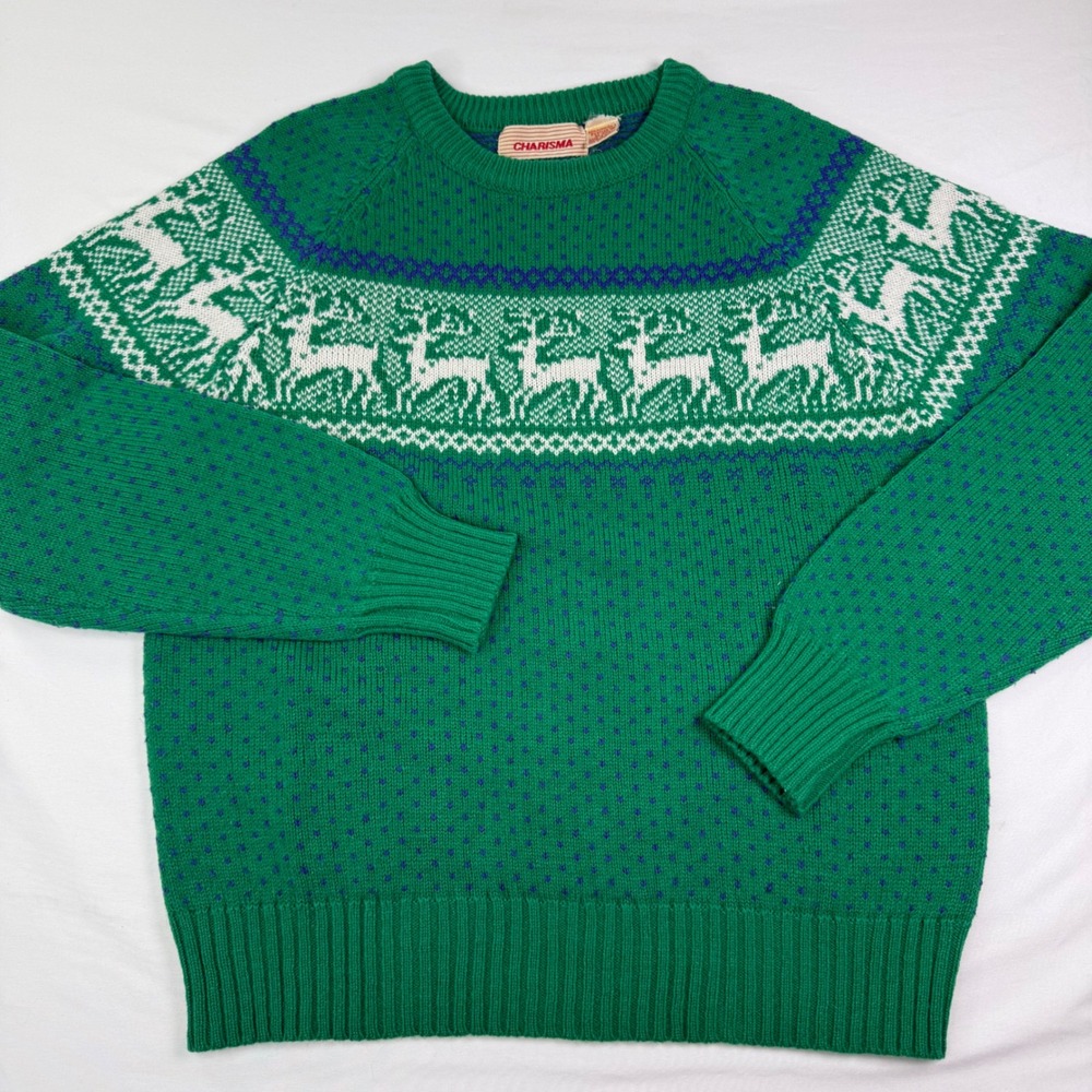 Vintage Charisma Green Reindeer Fair Isle Knit Sweater Womens Large Holiday Crew